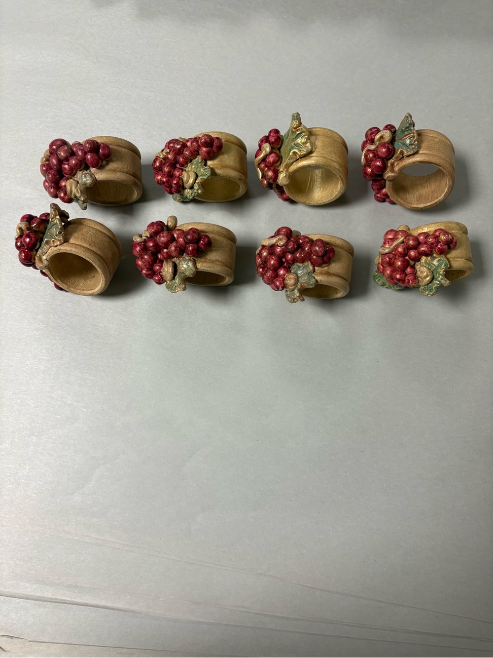 Hand Painted Wooden Napkin Rings with Red Berry Accents Set Of 8